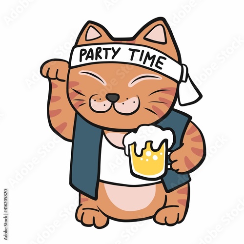 Japanese lucky cat (Maneki Neko) with beer mug cartoon vector illustration