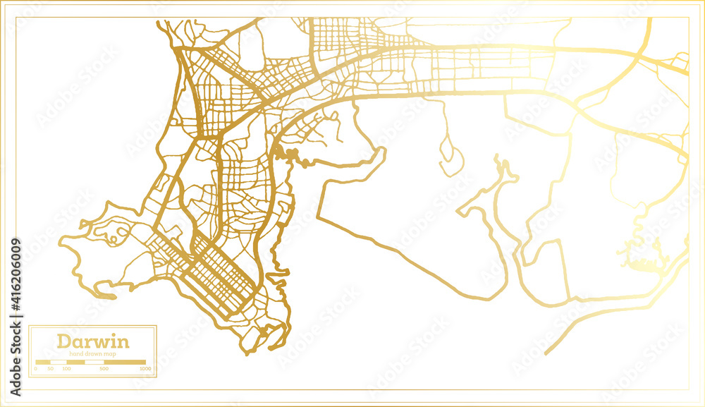 Darwin Australia City Map in Retro Style in Golden Color. Outline Map.