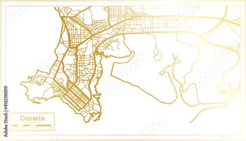 Darwin Australia City Map in Retro Style in Golden Color. Outline Map.