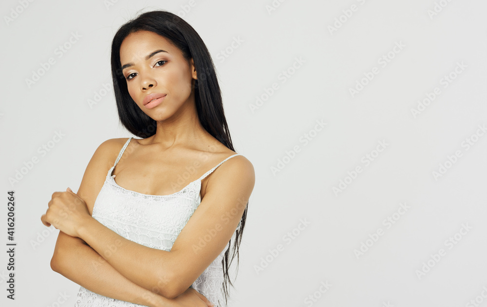 pretty brunette posing cosmetics attractive look cropped view Studio pretty brunette posing cosmetics attractive look cropped view Studio