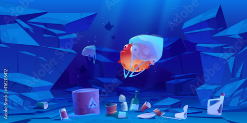 Puffer fish in plastic bag underwater in sea or ocean. Ocean pollution by trash, global littering. Vector cartoon landscape of sea bottom with floating bags, bottles, garbage, barrel with toxic waste