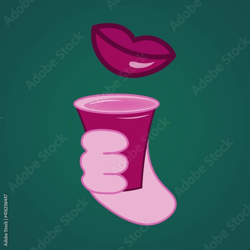 Abstract comic composition with drink and lips. Cartoon hand holding a paper cup with coffee or tea. Vector on a green background. EPS 10. Flat style. Can be used as an advertisement for the holidays.