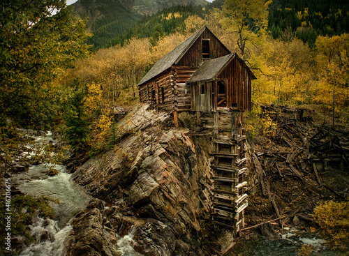 Historic Crystal Mill surrounded by colorful Autumn Apsen trees at the historic town of Crystal near Marble Colorado. 1992 photo