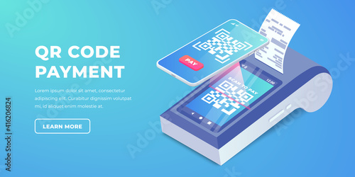 Isometric Cashless Payment machine with qr code on screen, smartphone scan to pay barcode banner