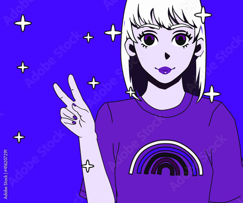 Cartoon blonde-haired grunge anime girl showing victory hand gesture. Stylish trendy female personage in alternative subculture style.