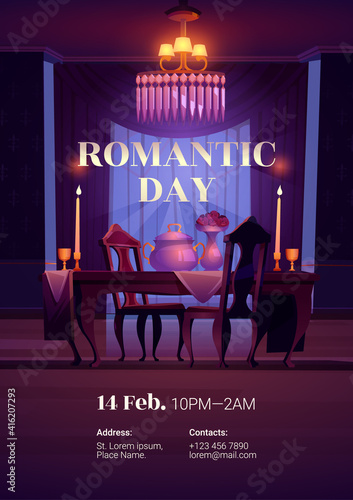 Valentines day flyer. Romantic dinner for couple on date or holiday celebration. Vector cartoon poster with dining table, chairs, candles, flowers and chandelier in empty restaurant room