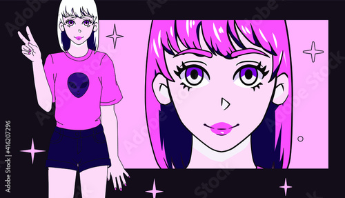 Cartoon blonde-haired grunge anime girl showing victory hand gesture. Stylish trendy female personage in alternative subculture style.