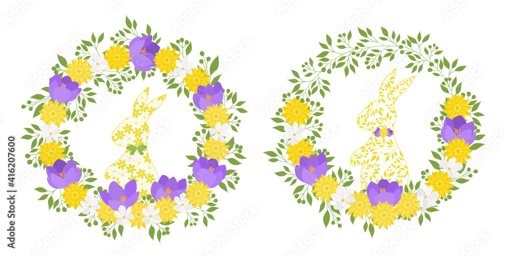 Easter bunny silhouette and flowers decor vector illustration