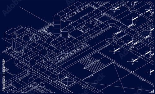 Architectural BIM air ducts design 3d illustration blueprint vector