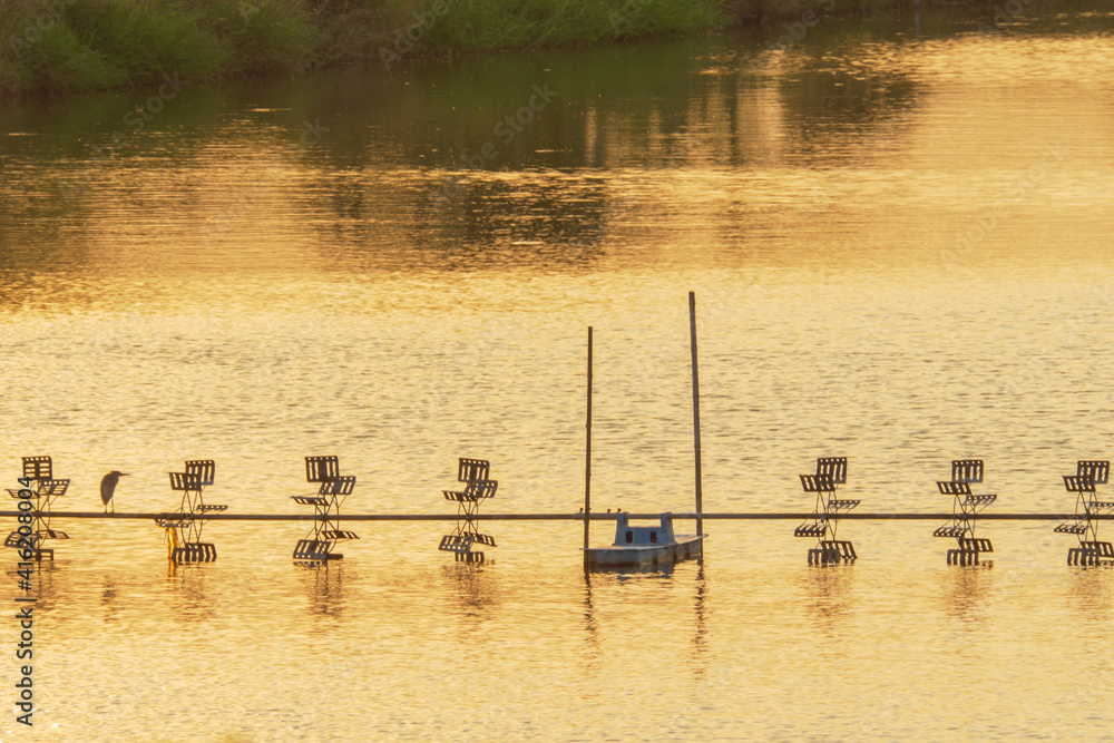 paddle wheel or aeration machine with heron bird in shrimp farm by silhouette reflection of sunset on water surface paddle wheel or aeration machine with heron bird in shrimp farm by silhouette reflection of sunset on water surface