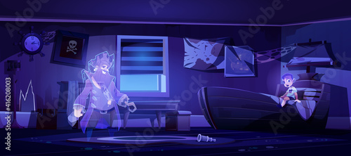 Abandoned kids room at night with ghosts of pirate and little boy in darkness. Scary old interior with moonlight falling on floor through window, halloween spooky scene. Cartoon vector illustration