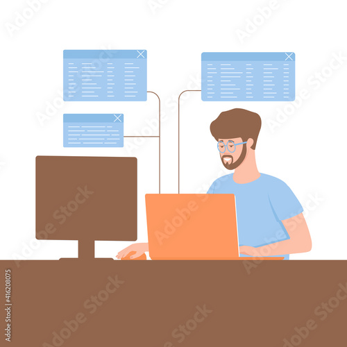 The programmer develops algorithms and computer programs. A web programmer works with the Internet, writes the software component of sites. Flat vector illustration.