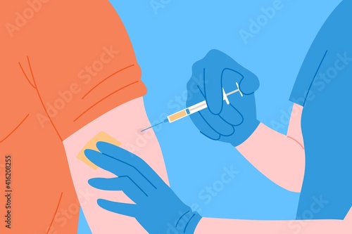 Vaccination concept for immunity health. Vaccine anti Covid-19. Doctors makes an injection of anti virus vaccine to pacient in hospital. Healthcare, coronavirus, prevention and immunize.