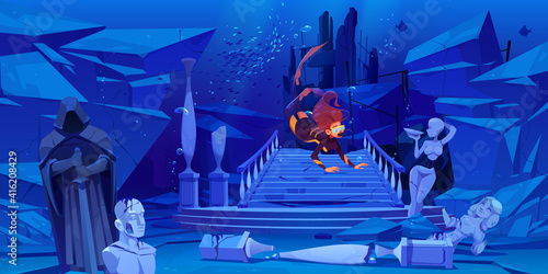 Scuba diver explore sunken city on sea bottom. Woman floating above wreck ancient old architecture columns and broken statues in underwater world, female character in ocean Cartoon vector illustration