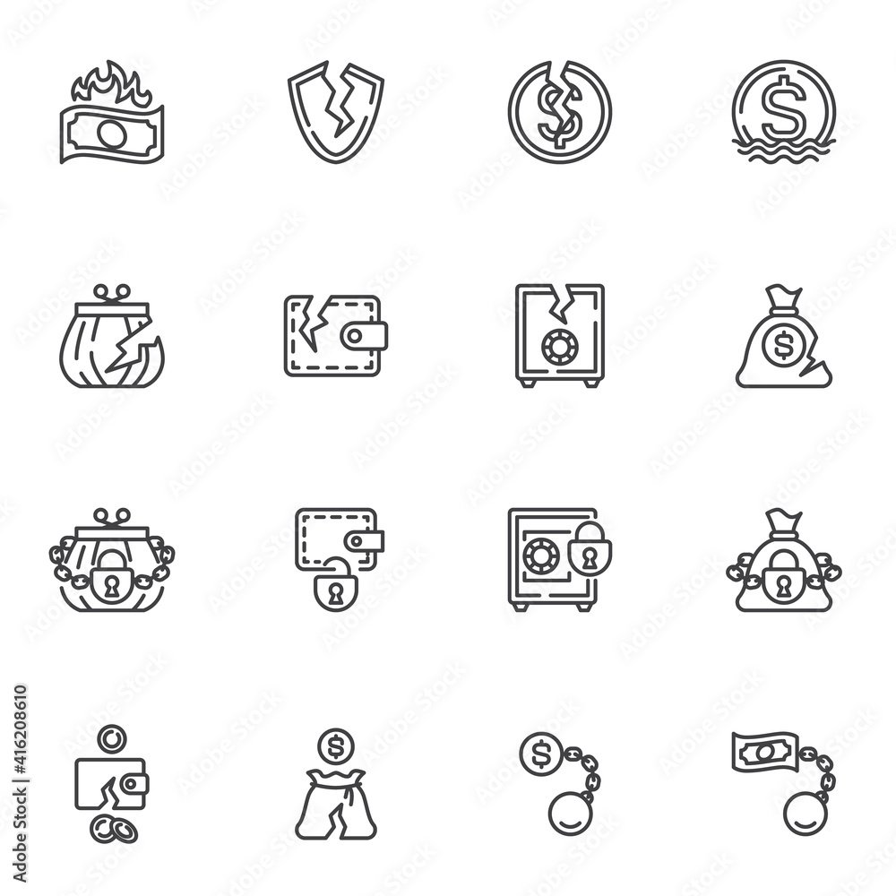Bankruptcy line icons set, financial crisis outline vector symbol collection, linear style pictogram pack. Signs, logo illustration. Set includes icons as business problem, money loss, cash burning Bankruptcy line icons set, financial crisis outline vector symbol collection, linear style pictogram pack. Signs, logo illustration. Set includes icons as business problem, money loss, cash burning