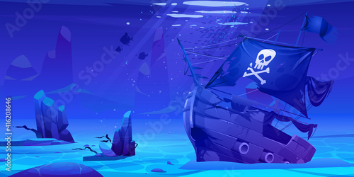 Wreck pirate ship, sunken filibuster vessel, wooden boat with jolly roger flag on ocean sandy bottom with sun beams falling from above, underwater world pc game background. Cartoon vector illustration