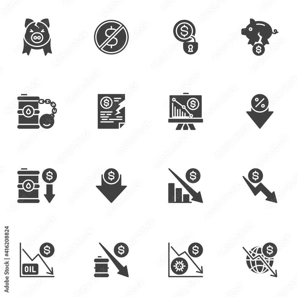 Bankruptcy and financial crisis vector icons set, business finance crisis modern solid symbol collection, filled style pictogram pack. Signs, logo illustration. Set includes icons as money problem Bankruptcy and financial crisis vector icons set, business finance crisis modern solid symbol collection, filled style pictogram pack. Signs, logo illustration. Set includes icons as money problem
