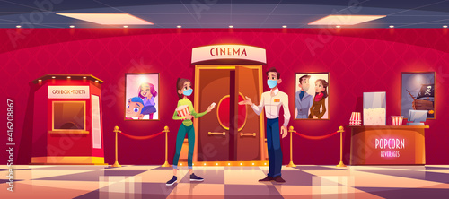 Woman in mask visit cinema during covid epidemic. Young girl with popcorn give ticket to masked man controller front of hall entrance in movie theater lobby with cashbox, cartoon vector illustration