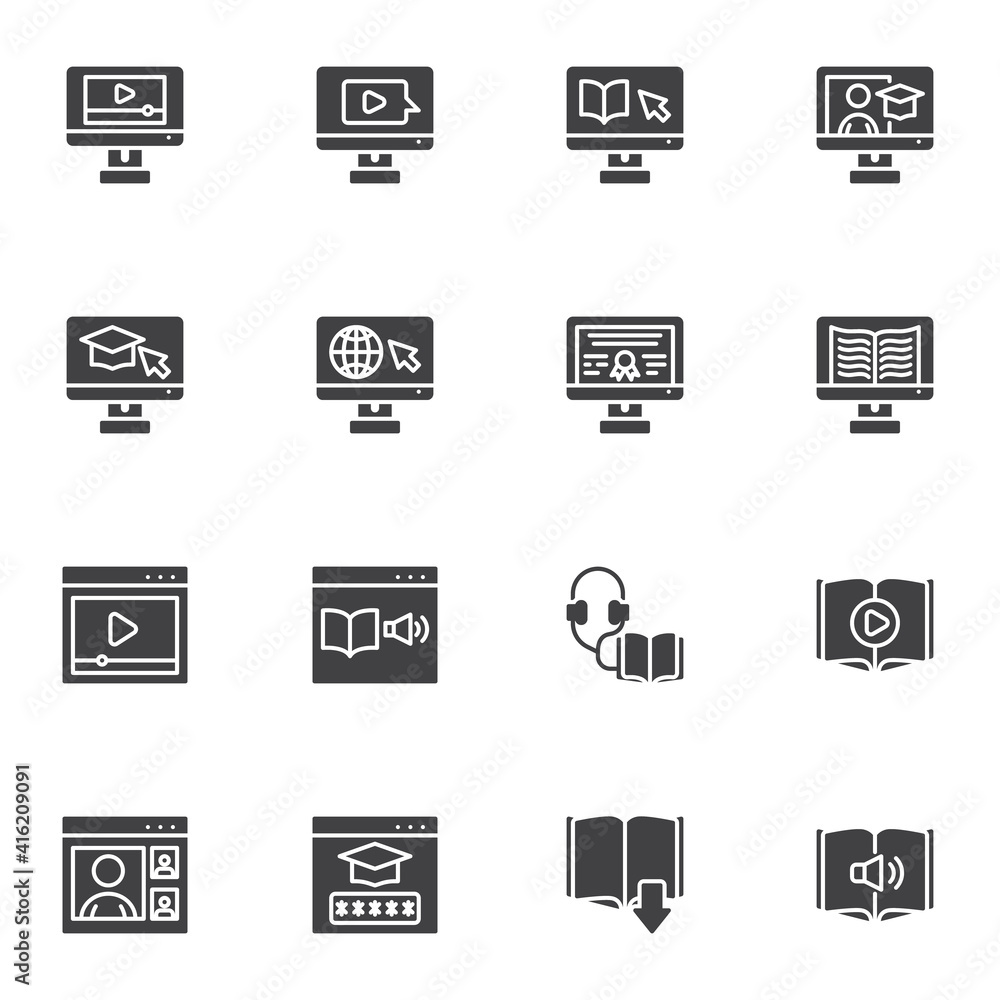 E-learning vector icons set, online education modern solid symbol collection, filled style pictogram pack. Signs, logo illustration. Set includes icons as digital library, online courses, audio book E-learning vector icons set, online education modern solid symbol collection, filled style pictogram pack. Signs, logo illustration. Set includes icons as digital library, online courses, audio book
