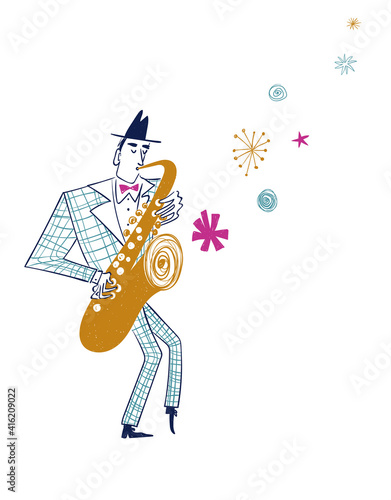 Illustration with funny isolated saxophone player