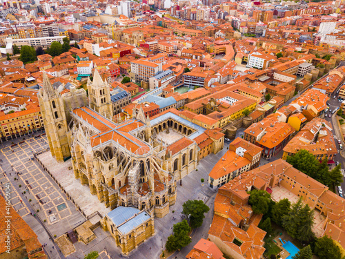 Urban view from drone of roofs of residential buildings in Spanish city of Leon