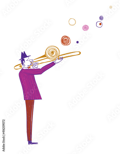 Illustration with funny isolated trombone player in suit.