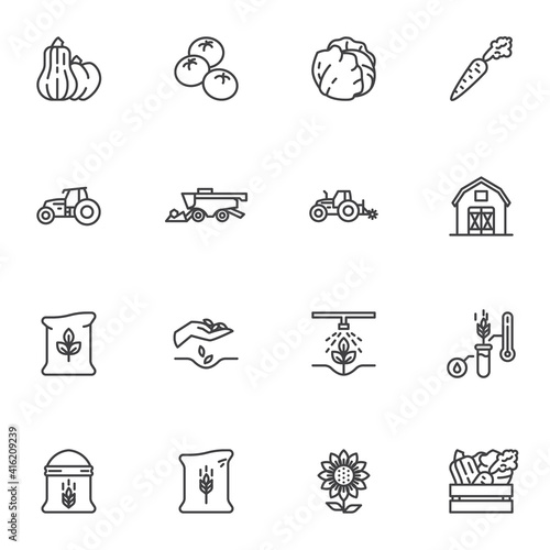 Agriculture and farming line icons set, outline vector symbol collection, linear style pictogram pack. Signs, logo illustration. Set includes icons as vegetable harvest, tractor, farm barn, harvester