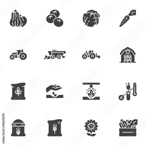 Agriculture and farming vector icons set, modern solid symbol collection, filled style pictogram pack. Signs, logo illustration. Set includes icons as vegetable harvest, tractor, farm barn, harvester