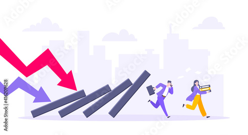 Domino effect or business resilience metaphor vector illustration concept. Adult young business people run away from falling domino line business concept problem solving danger domino chain reaction.