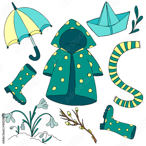 spring set of doodle elements - raincoat, umbrella, rubber boots, scarf, paper boat, flowers, snowdrops, children vector illustration