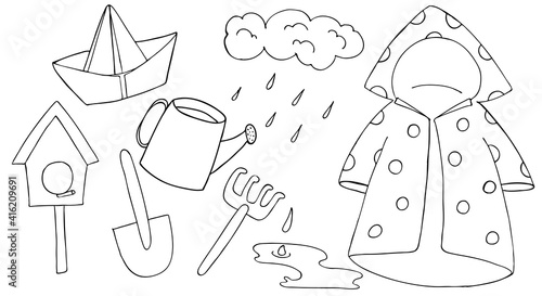spring set of doodle elements - raincoat, umbrella, rubber boots, scarf, paper boat, flowers, snowdrops, chickens, nest birdhouse children vector illustration coloring book