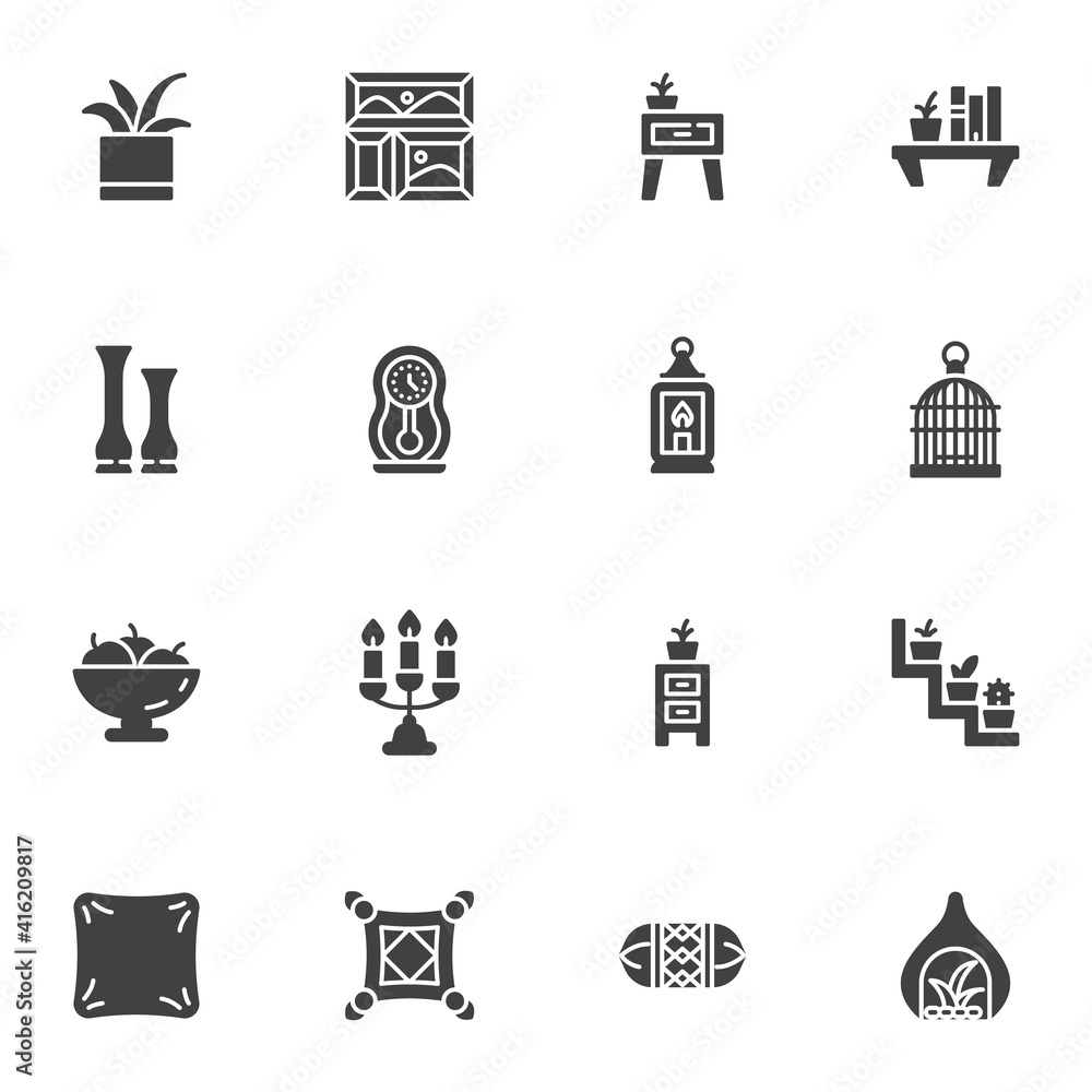 Furniture and home decor vector icons set, modern solid symbol collection, filled style pictogram pack. Signs logo illustration. Set includes icons as bookshelf, houseplant, cushion pillow, nightstand