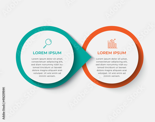 Minimal Business Infographics template. Timeline with 2 steps, options and marketing icons .Vector linear infographic with two circle conected elements. Can be use for presentation.