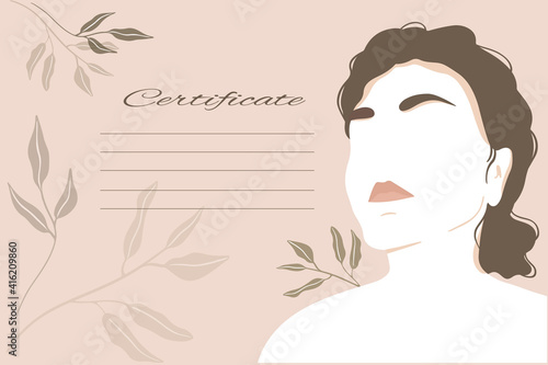 Certificate with abstract minimalistic woman portrait and field for text. Vector template for diploma, gift or business card of beauty salon, master make-up artist.