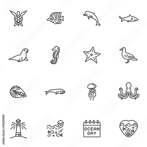 World ocean day line icons set, sea life outline vector symbol collection, linear style pictogram pack. Signs, logo illustration. Set includes icons as marine animals, turtle, dolphin, shark, octopus