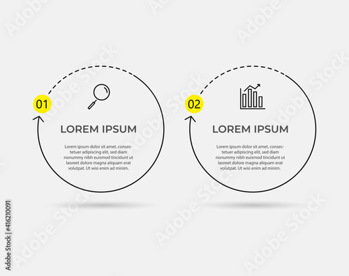 Minimal Business Infographics template. Timeline with 2 steps, options and marketing icons .Vector linear infographic with two circle conected elements. Can be use for presentation.