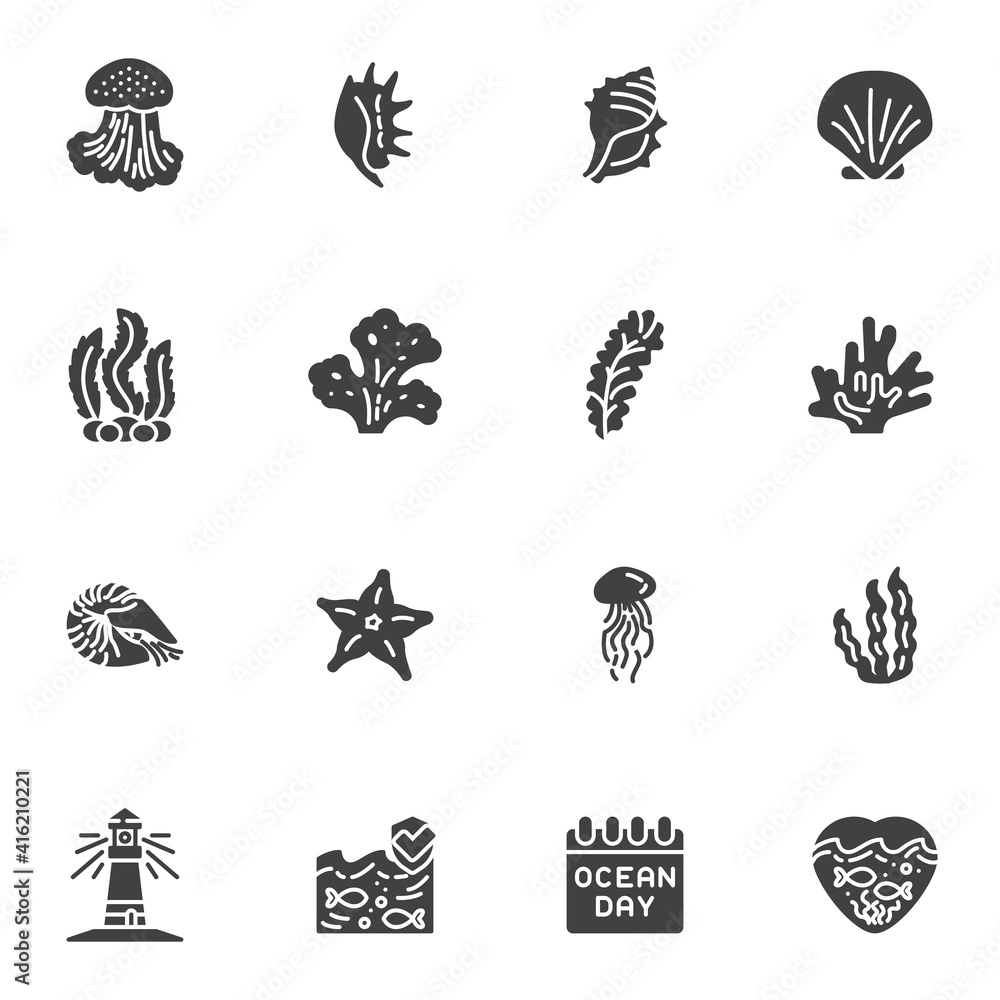 World ocean day vector icons set, modern solid symbol collection, filled style pictogram pack. Signs, logo illustration. Set includes icons as seashell, seaweed, starfish, lighthouse, jellyfish, fish World ocean day vector icons set, modern solid symbol collection, filled style pictogram pack. Signs, logo illustration. Set includes icons as seashell, seaweed, starfish, lighthouse, jellyfish, fish