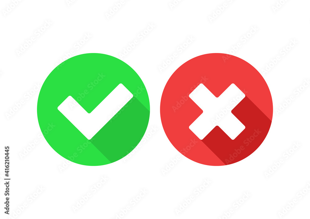 Tick and cross flat icons. Tick and cross circle buttons isolated on white.
Tick and cross flat icons. Tick and cross circle buttons isolated on white.