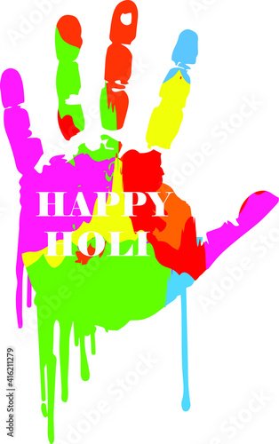 colorful Holi hand with happy Holi text with splashes of color