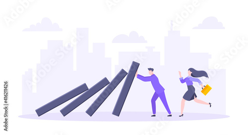 Domino effect or business resilience metaphor vector illustration concept. Adult young businessman pushing falling domino line business concept of problem solving and stopping domino chain reaction.