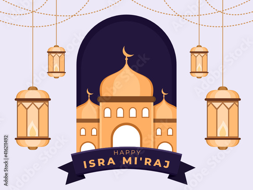 Greeting happy isra mi'raj day illustration design with mosque and hanging lantern decoration ornament. Islam's religion holiday celebration. Islamic prophet Muhammad's night journey celebration.