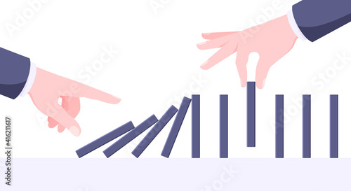 Domino effect business concept. One hand starts chain reaction of falling board game blocks of dominoes and another hand stops it flat style vector illustration.