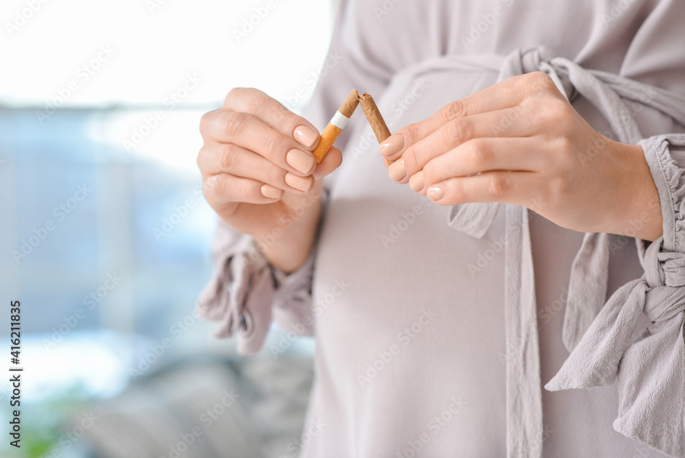 Obraz premium Young pregnant woman with broken cigarette, closeup. Concept of refusing from bad habit
