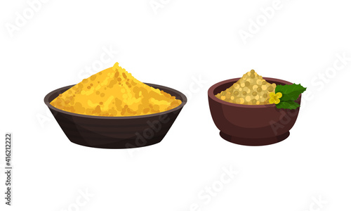 Heaps of Different Spices and Condiments Poured in Bowl Vector Set