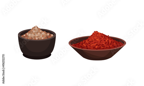 Heaps of Different Spices and Condiments Poured in Bowl Vector Set