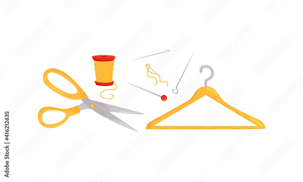 Sewing and Tailoring Accessories with Pair of Scissors and Clothes Hanger Vector Set Sewing and Tailoring Accessories with Pair of Scissors and Clothes Hanger Vector Set