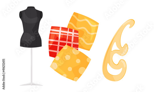 Sewing and Tailoring Accessories with Mannequin and French Curve Vector Set
