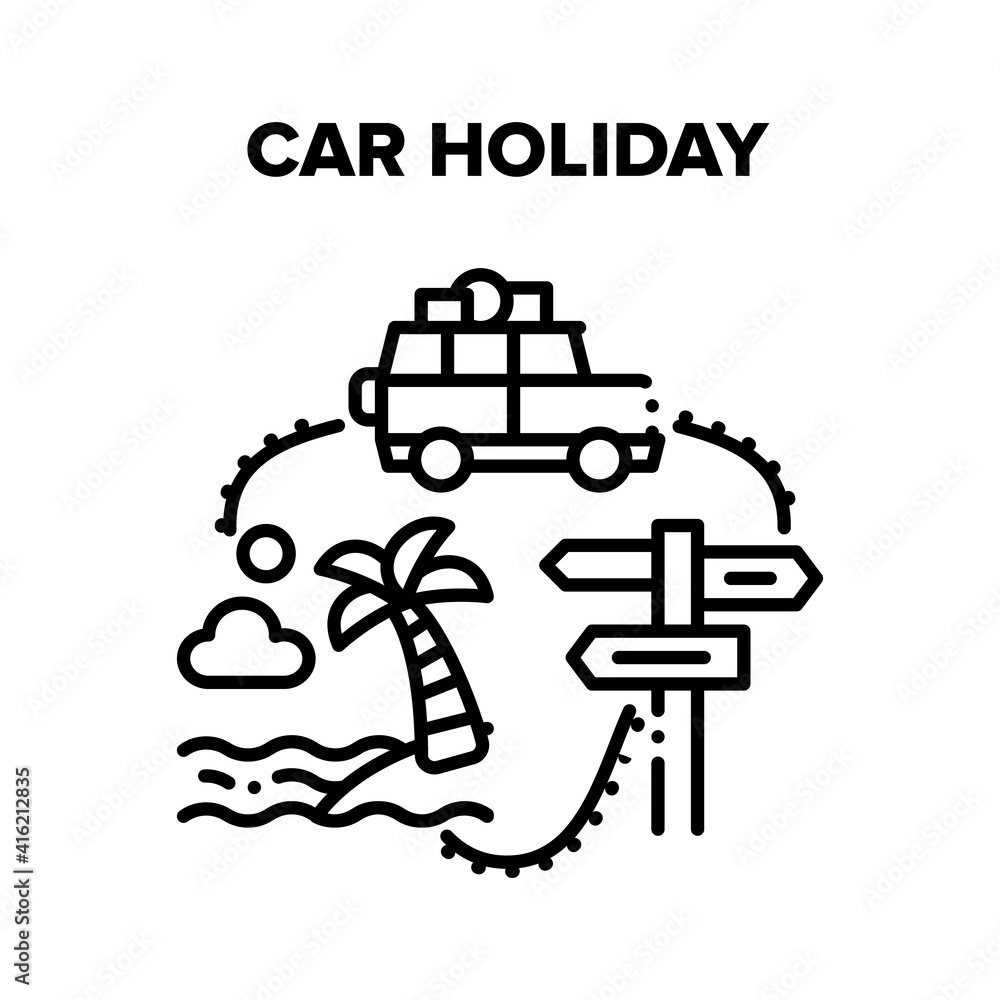 Car Holiday Vector Icon Concept. Car Holiday Travel To Tropical Beach, Automobile Vehicle Driving On Summer Vacation Trip. Road Direction Mark And Highway Route Sign Black Illustration