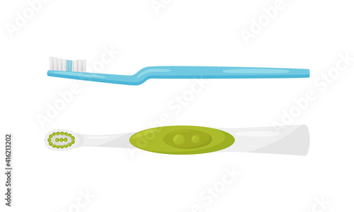 Plastic Toothbrush with Bristles and Handle as Oral Hygiene Instrument Vector Set
