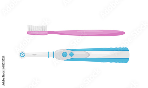 Plastic Toothbrush with Bristles and Handle as Oral Hygiene Instrument Vector Set